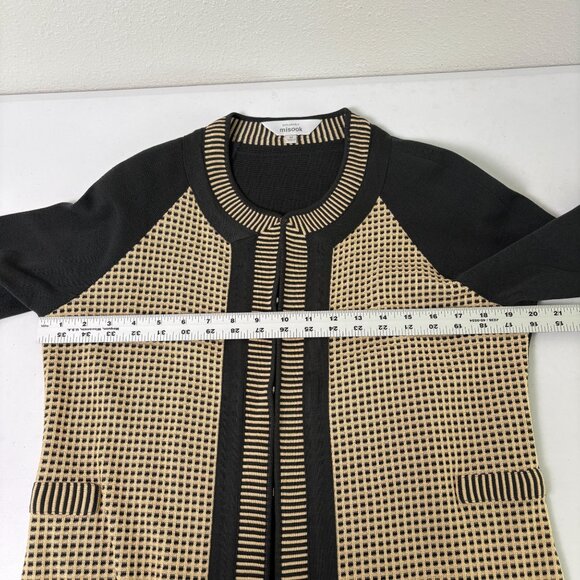 Exclusively Misook Cardigan Women Size M Black Tan Geometric Colorblock Hook Eye - Picture 9 of 11